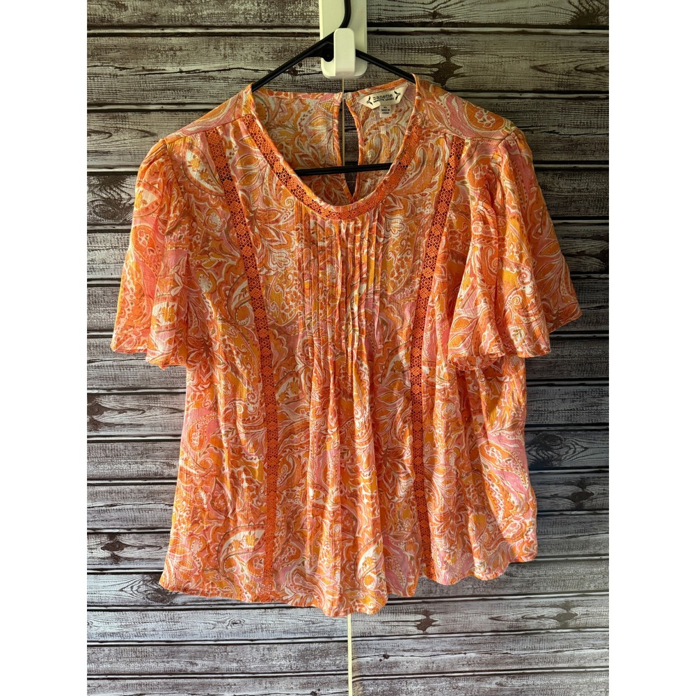Nanette Lepore Women's Flutter Sleeved Blouse Size XL Crochet Pleated Paisley